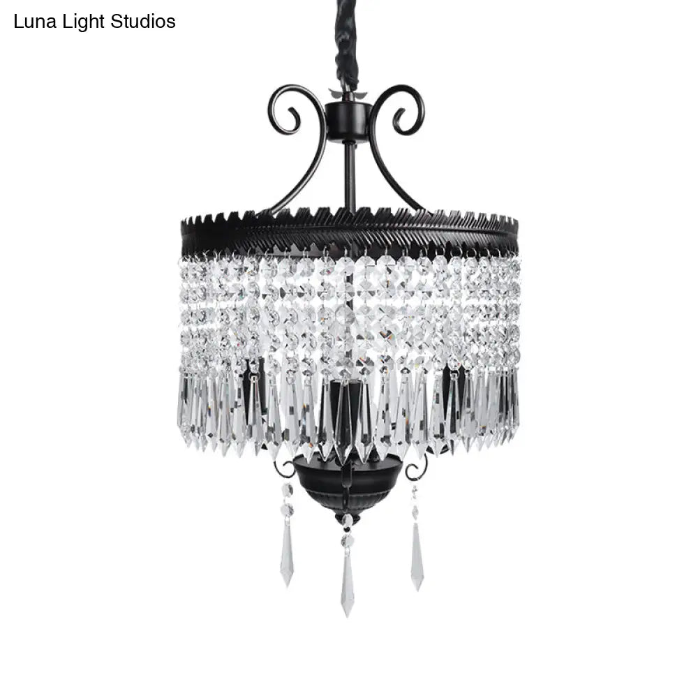 Modern Clear Crystal Beaded Pendant Light With Drum Shade - 3-Light Chandelier In Black