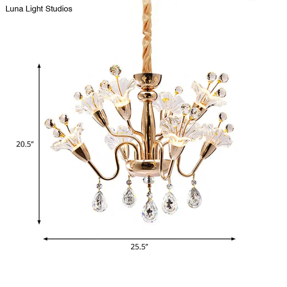 Modern Clear Crystal Blossom Ceiling Light - 8-Head Gold Chandelier With Curvy Arms