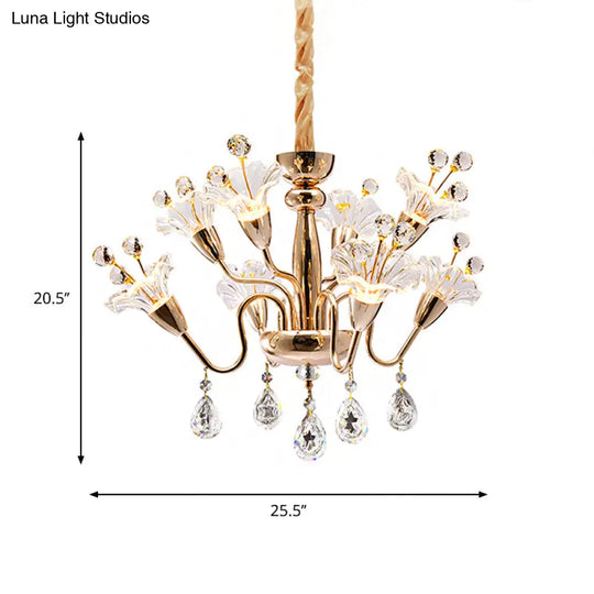 Modern Clear Crystal Blossom Ceiling Light - 8-Head Gold Chandelier With Curvy Arms