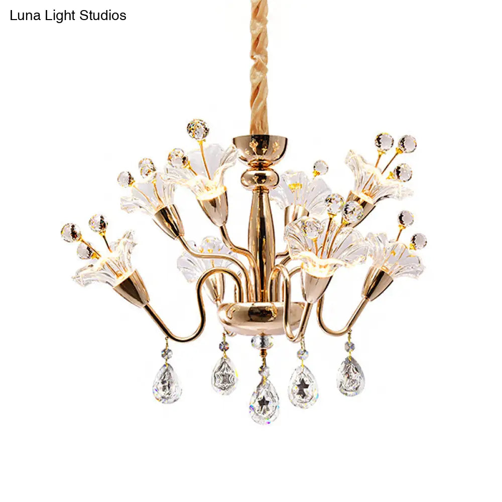 Modern Clear Crystal Blossom Ceiling Light - 8-Head Gold Chandelier With Curvy Arms