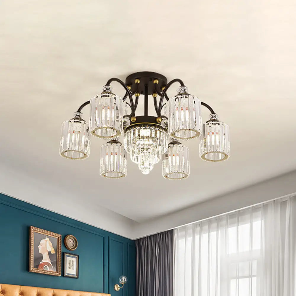 Modern Clear Crystal Ceiling Light With Black Scroll Arms And 6/11 Cylindrical Heads 6 /