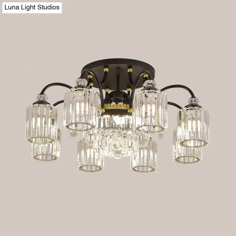 Modern Clear Crystal Ceiling Light With Black Scroll Arms And 6/11 Cylindrical Heads