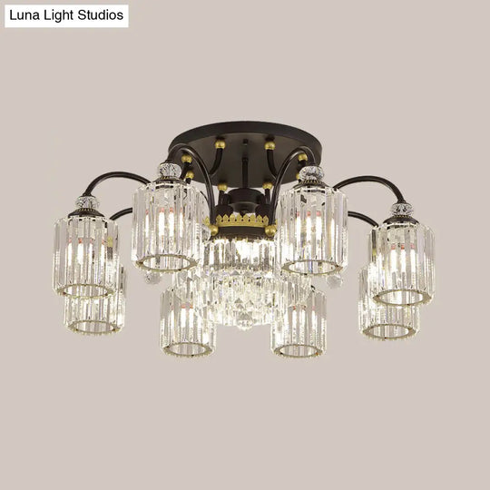 Modern Clear Crystal Ceiling Light With Black Scroll Arms And 6/11 Cylindrical Heads