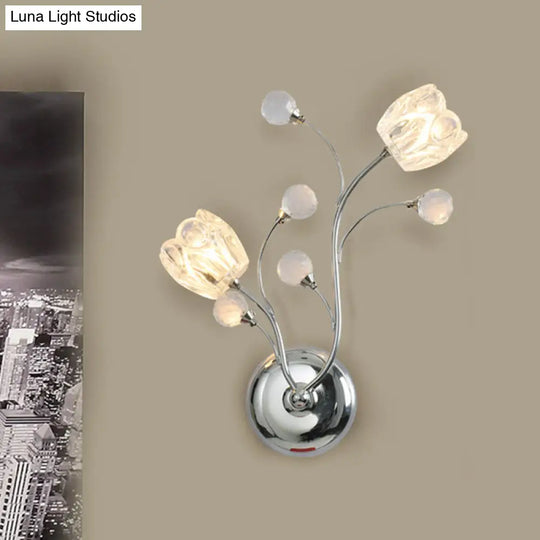 Modern Clear Crystal Chrome Wall Lamp With Swirling Arm And Flower Shade- 2 Bulbs Surface Sconce
