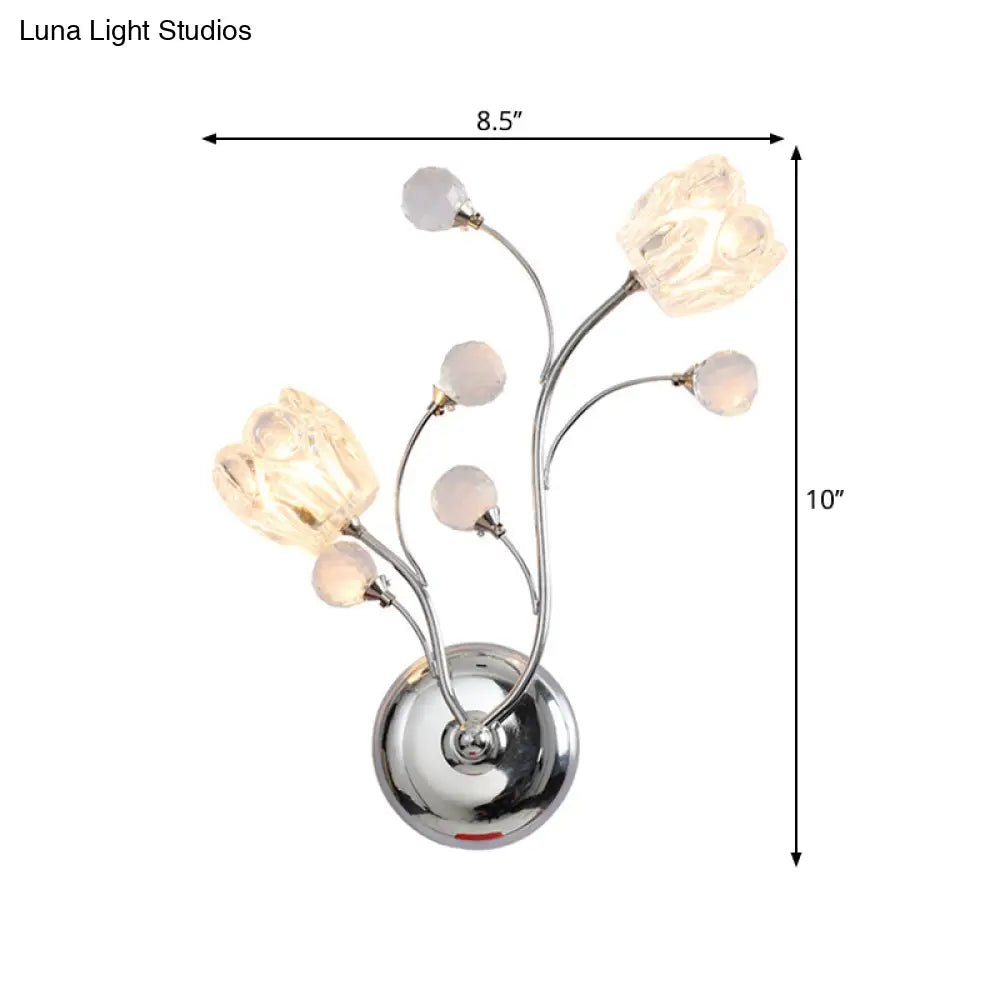 Modern Clear Crystal Chrome Wall Lamp With Swirling Arm And Flower Shade- 2 Bulbs Surface Sconce