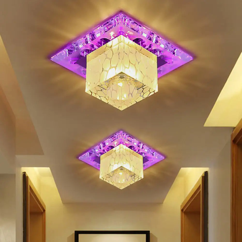 Modern Clear Crystal Cube Led Flush Mount Ceiling Light For Entryway / 3W Purple