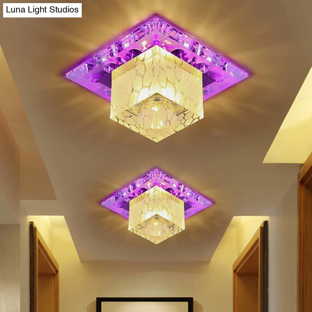 Modern Clear Crystal Cube Led Flush Mount Ceiling Light For Entryway / 3W Purple