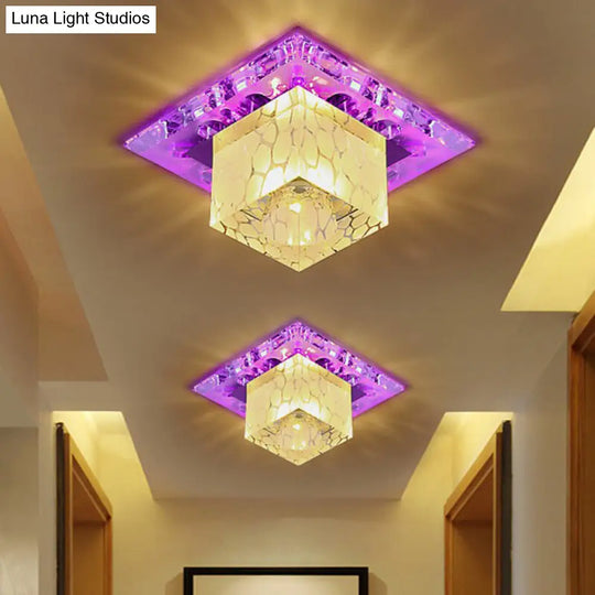 Modern Clear Crystal Cube Led Flush Mount Ceiling Light For Entryway / 3W Purple