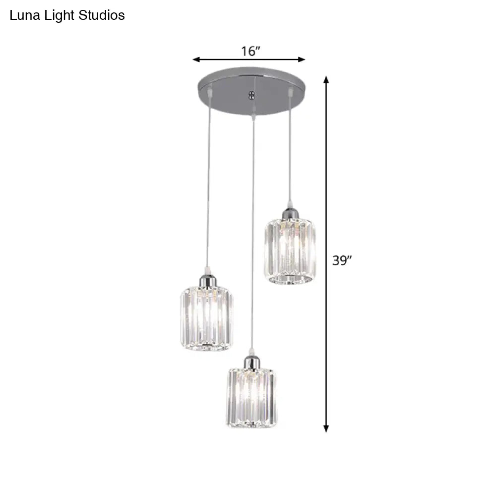 Modern Clear Crystal Cylinder Pendant Light With Chrome Finish - 3 Bulb Hanging Lamp Kit