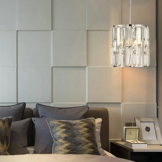 Modern Clear Crystal Cylinder Pendant Lighting For Bedside