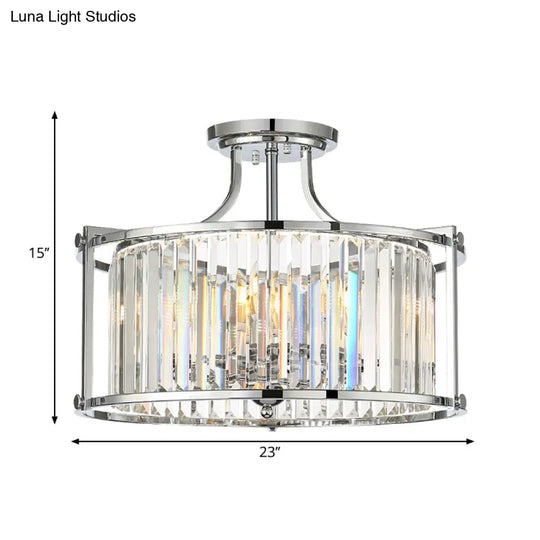 Modern Clear Crystal Drum Ceiling Light - 4-Light Chrome Semi Flushmount