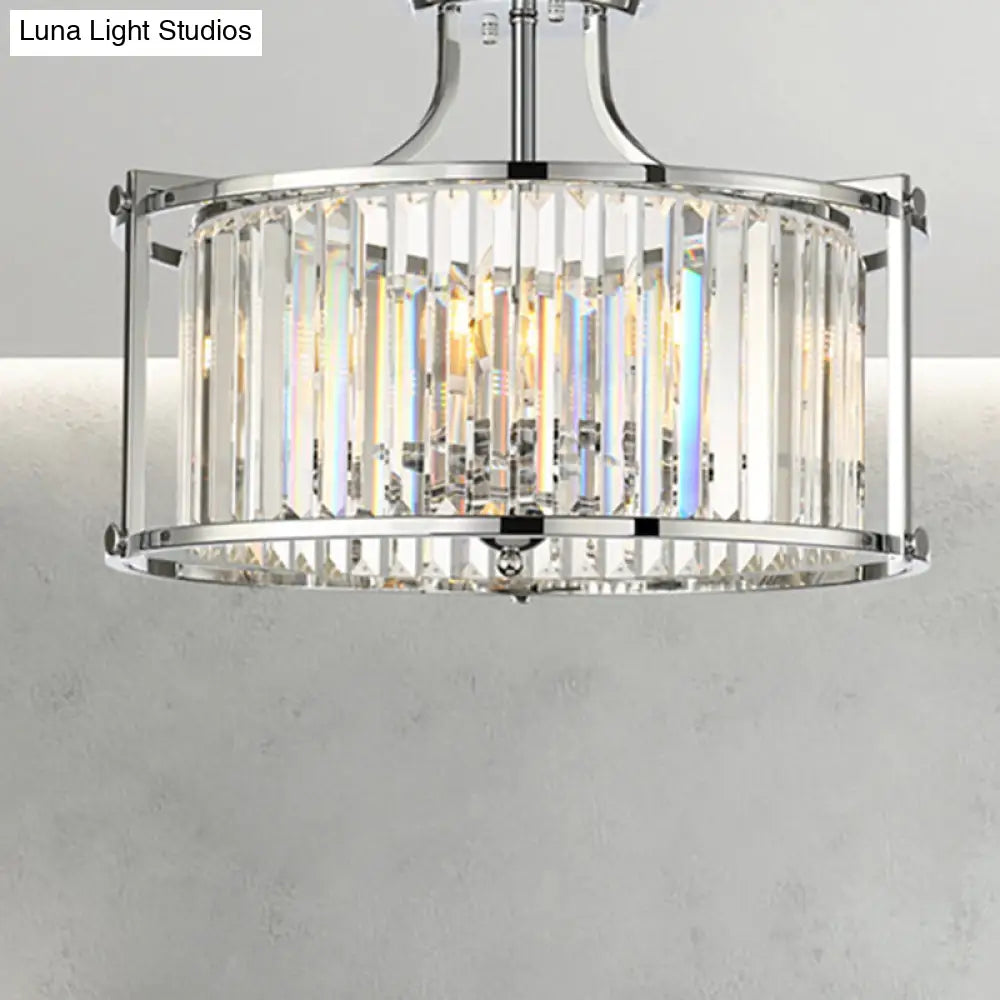 Modern Clear Crystal Drum Ceiling Light - 4-Light Chrome Semi Flushmount