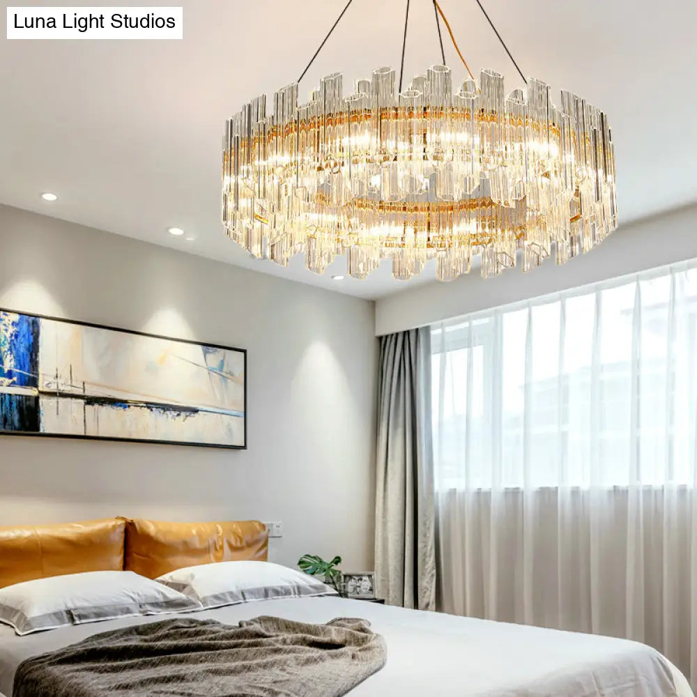 Modern Clear Crystal Drum Chandelier - Elegant 8/12 Light Gold Led Ceiling Lamp Ideal For Living