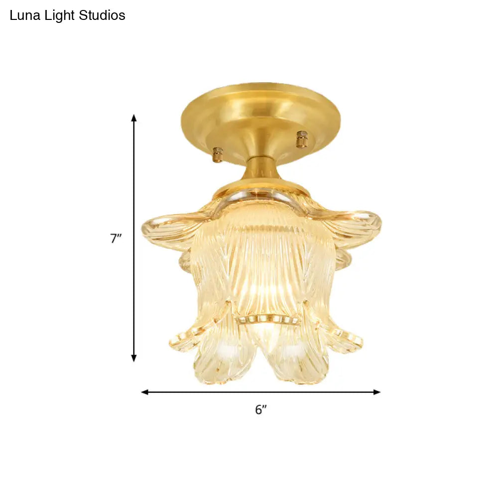 Modern Clear Crystal Floral Ceiling Lamp - 1 Light Brass Finish
