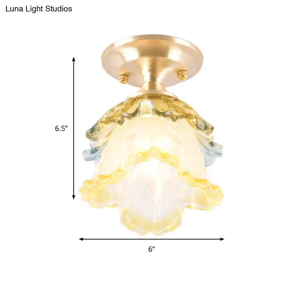 Modern Clear Crystal Floral Ceiling Lamp - 1 Light Brass Finish