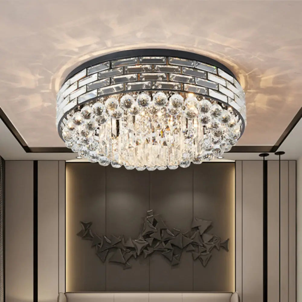 Modern Clear Crystal Flute Flush Mount Drum Ceiling Lamp - 7 Heads