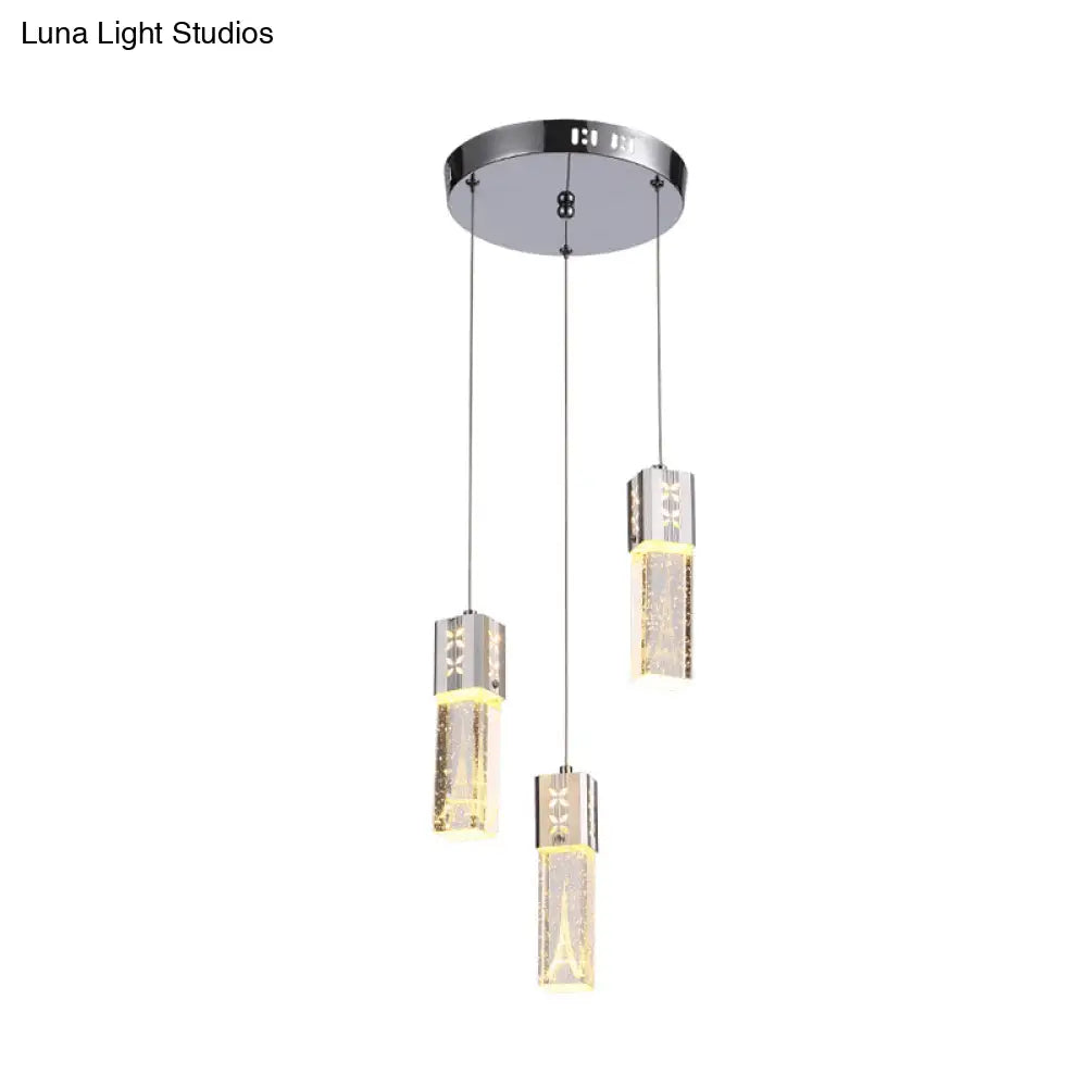 Modern Clear Crystal Glass 3-Light Pendant Square Tube Led Hanging Lamp In Chrome - Stylish Dining