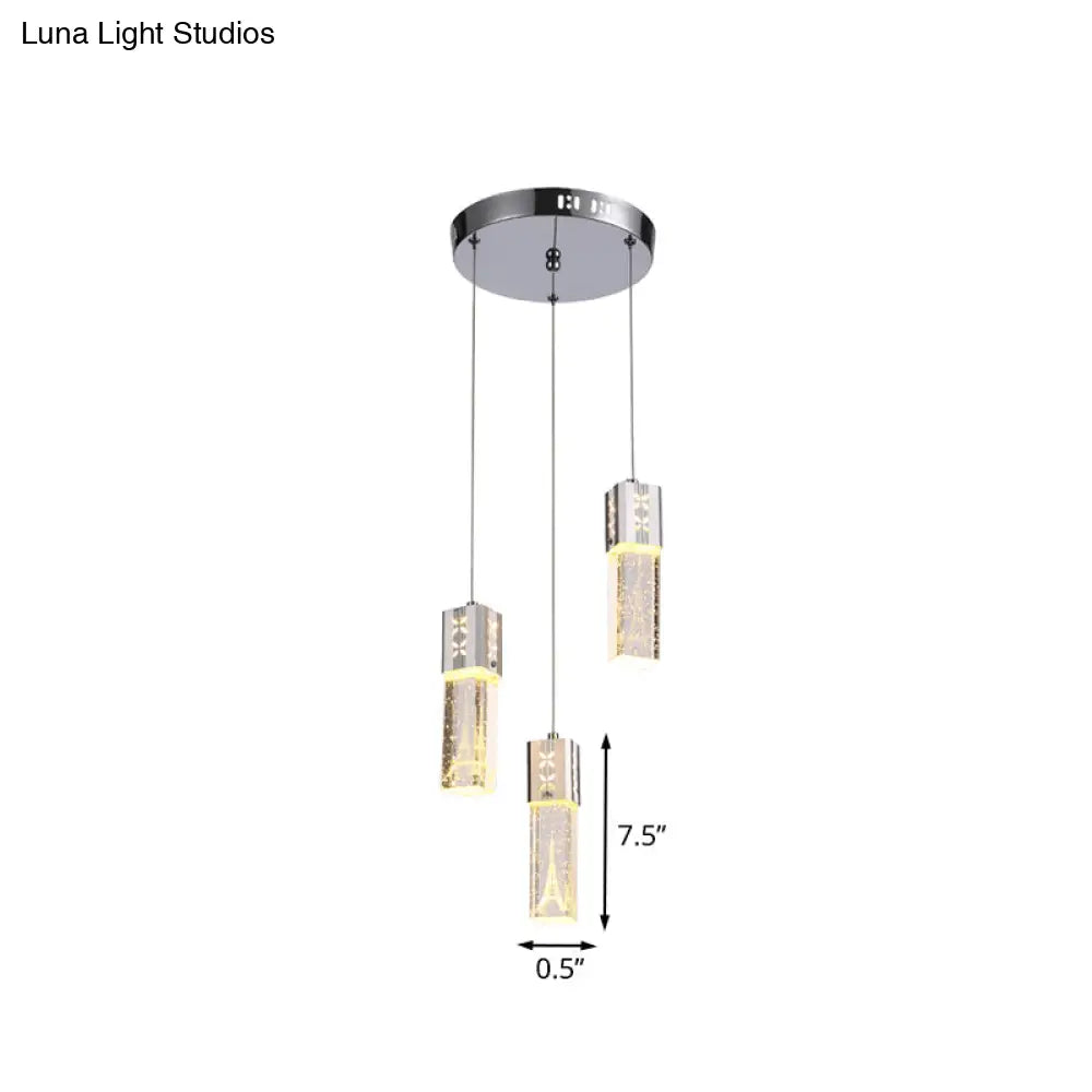 Modern Clear Crystal Glass 3-Light Pendant Square Tube Led Hanging Lamp In Chrome - Stylish Dining