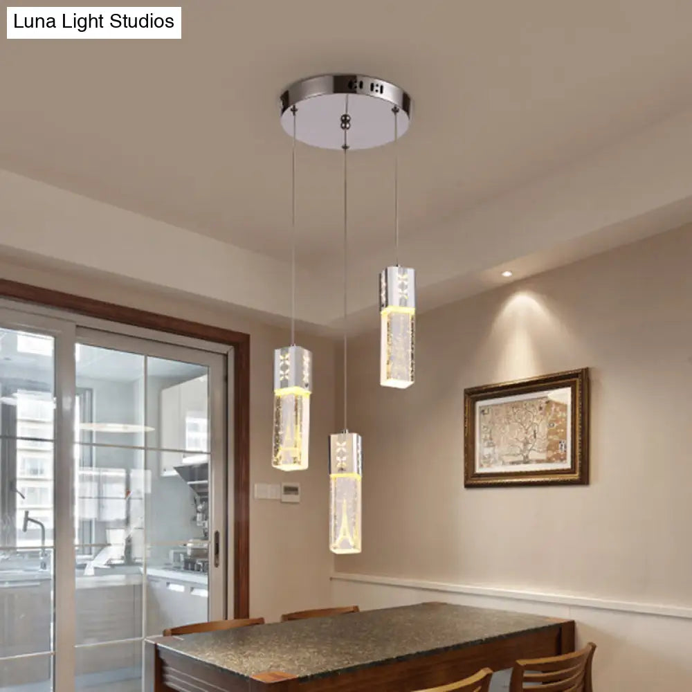 Square Tube Led Hanging Lamp Clear Crystal Glass 3-Light Cluster Pendant In Chrome For Dining Room