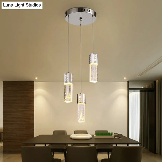 Square Tube Led Hanging Lamp Clear Crystal Glass 3-Light Cluster Pendant In Chrome For Dining Room