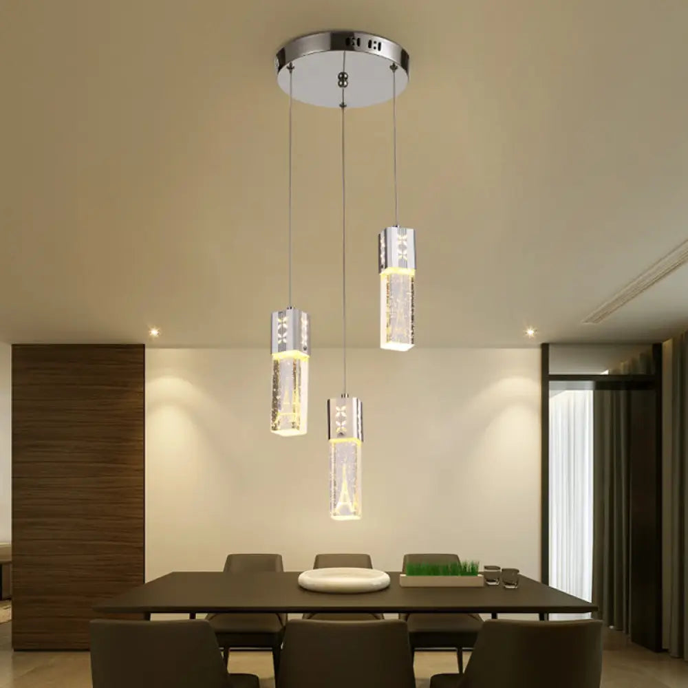 Modern Clear Crystal Glass 3-Light Pendant Square Tube Led Hanging Lamp In Chrome - Stylish Dining