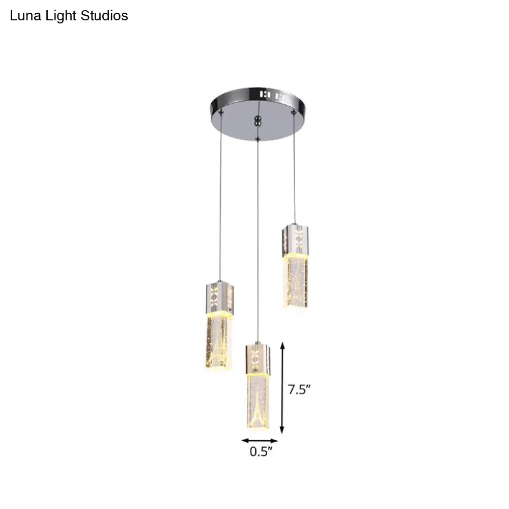 Square Tube Led Hanging Lamp Clear Crystal Glass 3-Light Cluster Pendant In Chrome For Dining Room