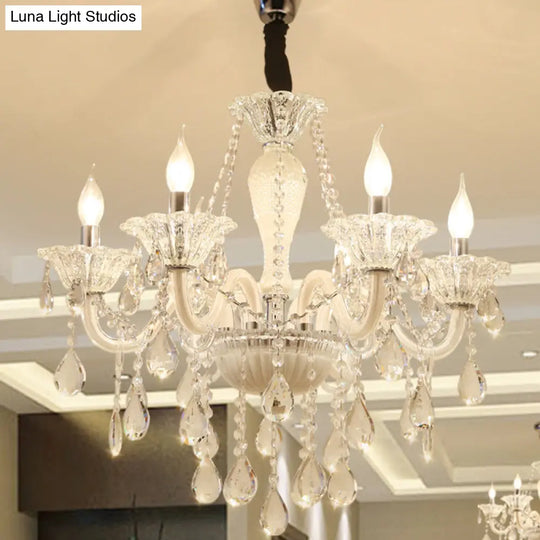 Modern Clear Crystal Glass Chandelier With 6 Bulbs - White Pendant Ceiling Light