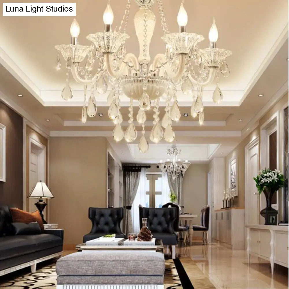 Modern Crystal Glass Candle Chandelier - 6 Bulb Pendant Ceiling Light For Living Room In White