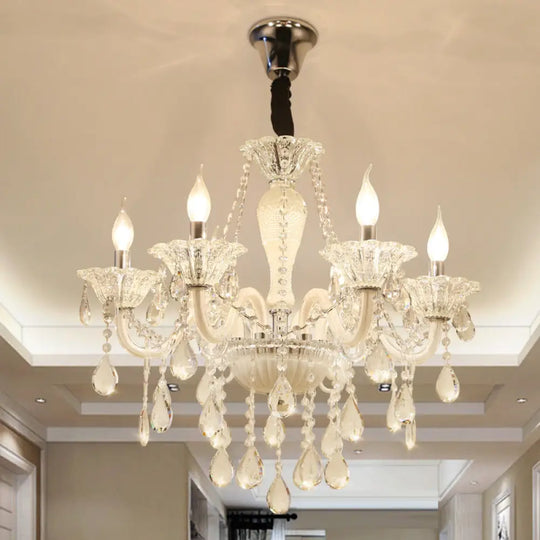 Modern Clear Crystal Glass Chandelier With 6 Bulbs - White Pendant Ceiling Light