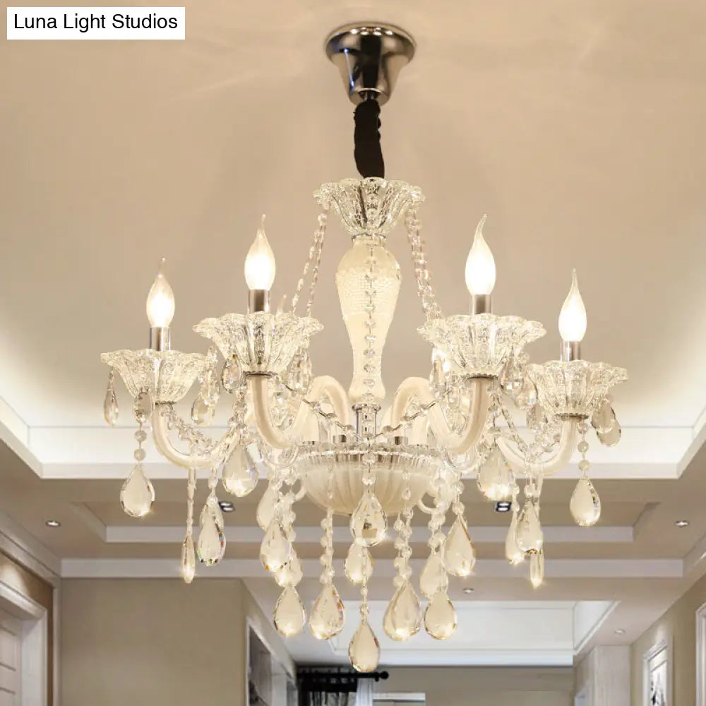 Modern Crystal Glass Candle Chandelier - 6 Bulb Pendant Ceiling Light For Living Room In White