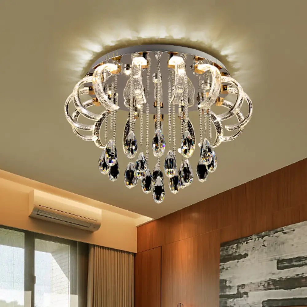 Modern Clear Crystal Led Bedroom Flush Mount Fixture With Arched Design