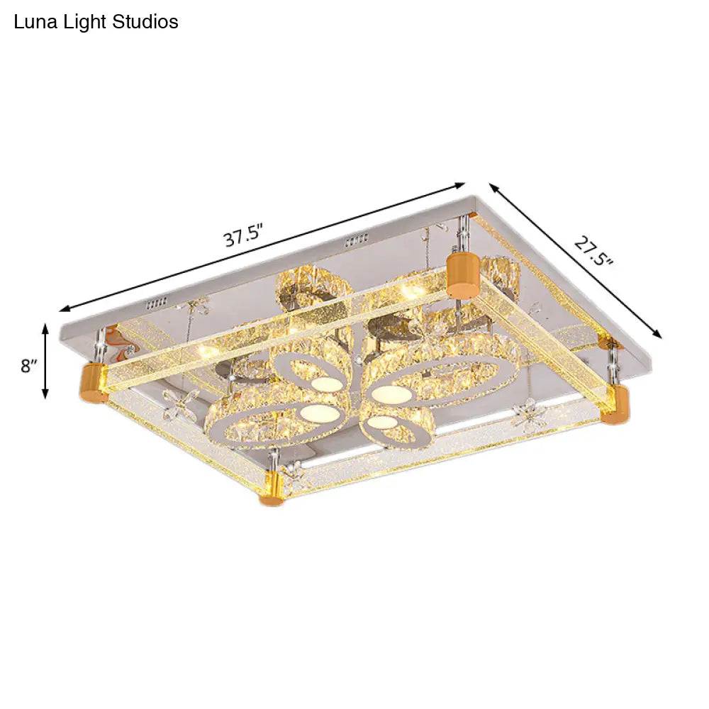 Modern Clear Crystal Led Ceiling Light Fixture With Flower Design For Bedroom - Rectangle Mount