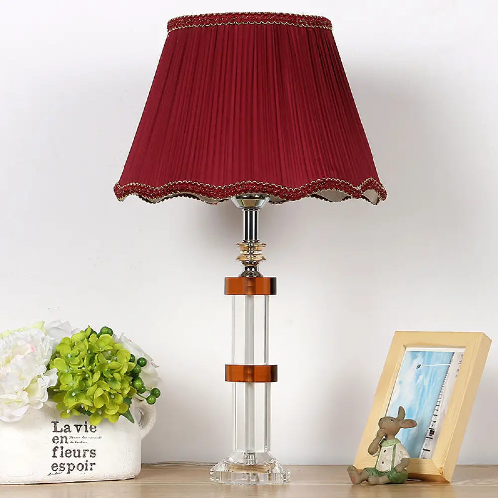 Modern Clear Crystal Nightstand Light Scalloped Design Red Shade 1-Bulb Bedroom Table Lamp