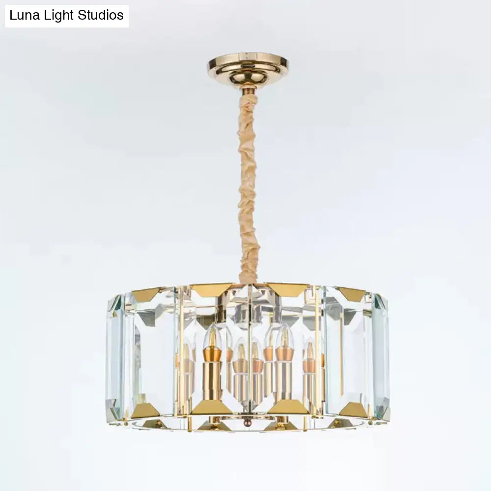 Modern Clear Crystal Panel Drum Pendant Lamp With 6 Lights - Dining Room Chandelier