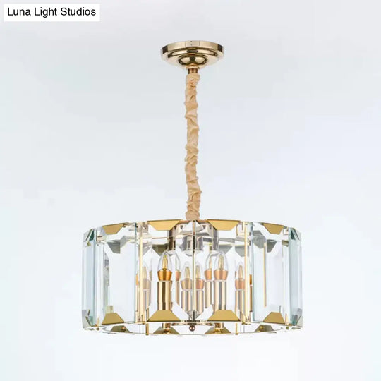 Modern Clear Crystal Panel Drum Pendant Lamp With 6 Lights - Dining Room Chandelier