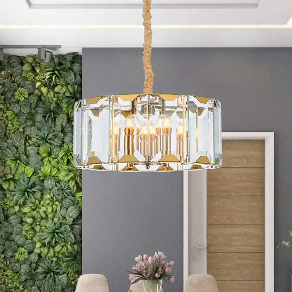 Modern Clear Crystal Panel Drum Pendant Lamp With 6 Lights - Dining Room Chandelier