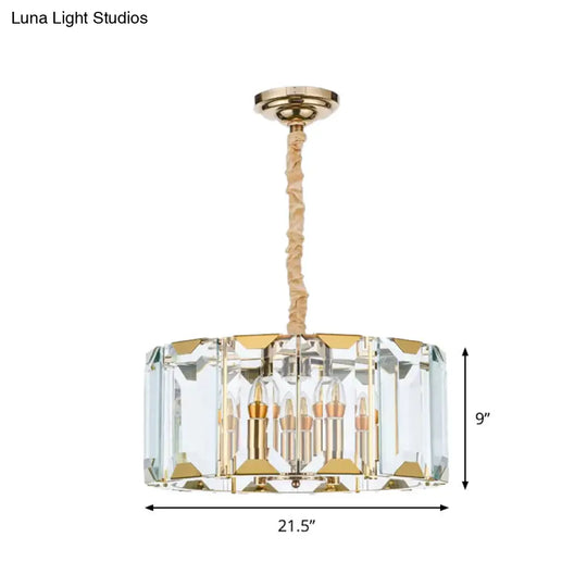 Modern Clear Crystal Panel Drum Pendant Lamp With 6 Lights - Dining Room Chandelier