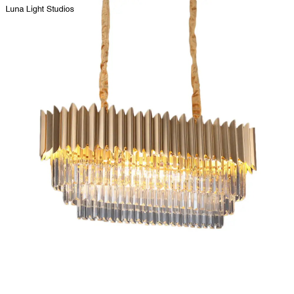 Modern Clear Crystal Prisms Pendant Lamp - Oval Shape 8 Heads Gold Finish For Dining Room And