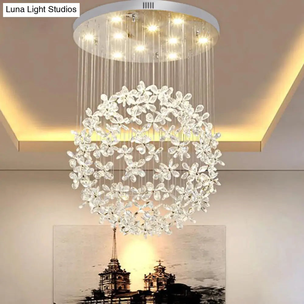 Modern Clear Crystal Sphere Flush Light - 16/19.5 W Nickel Ceiling Fixture With 9 Lights Dining Room
