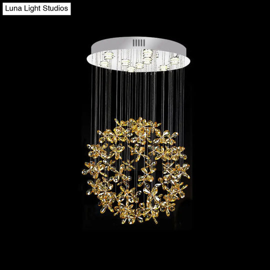 Modern Clear Crystal Sphere Flush Light - 16/19.5 W Nickel Ceiling Fixture With 9 Lights Dining Room