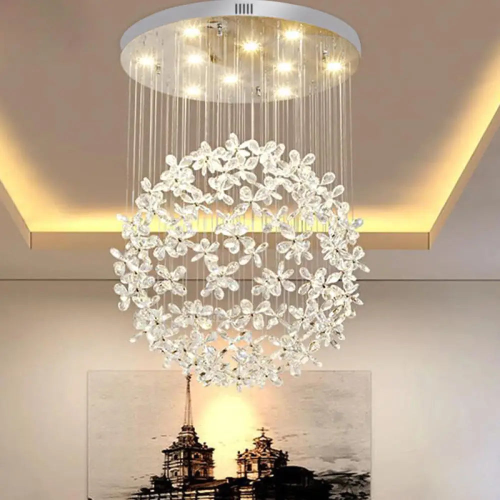 Modern Clear Crystal Sphere Flush Light - 16’/19.5’ W Nickel Ceiling Fixture With 9 Lights