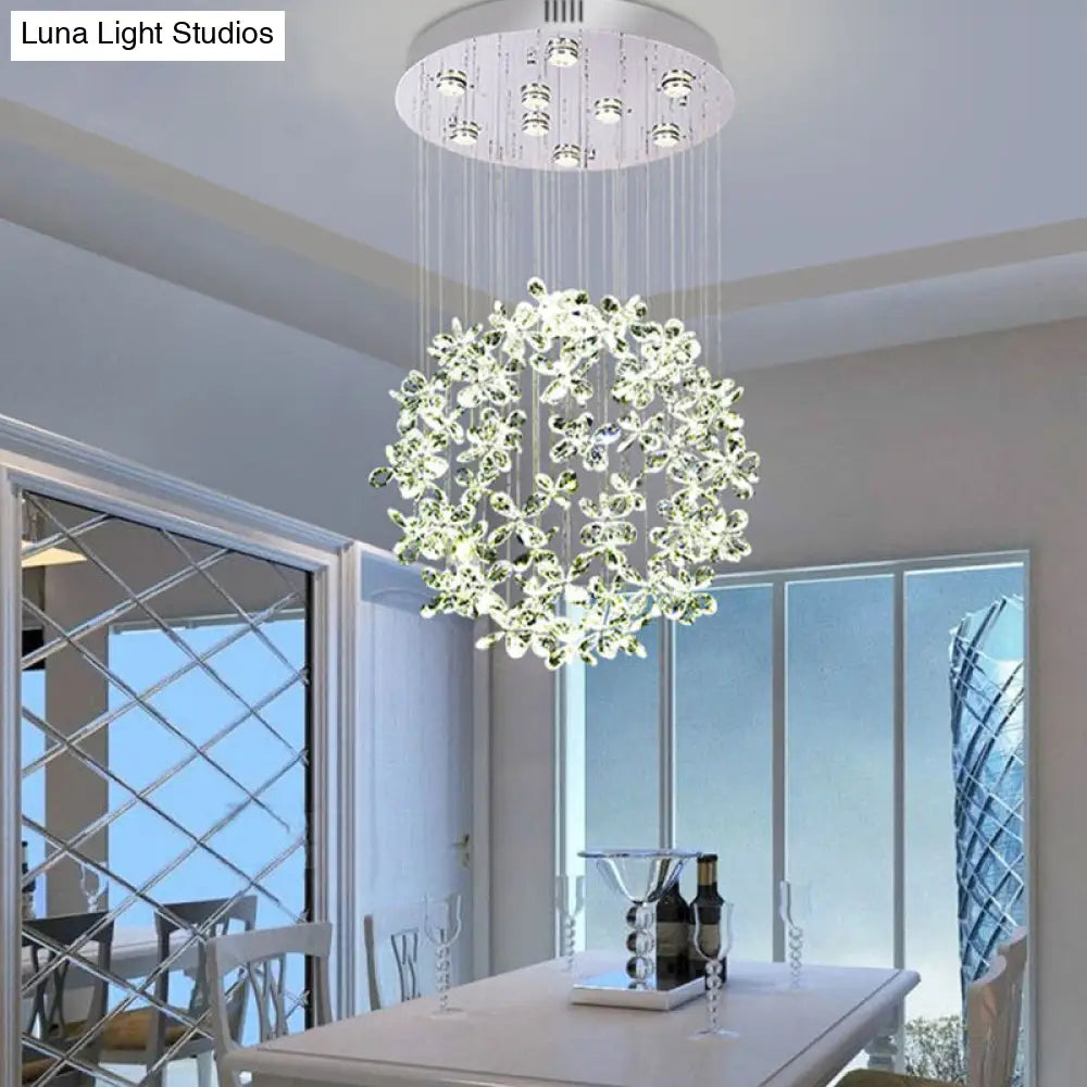 Modern Clear Crystal Sphere Flush Light - 16’/19.5’ W Nickel Ceiling Fixture With 9 Lights