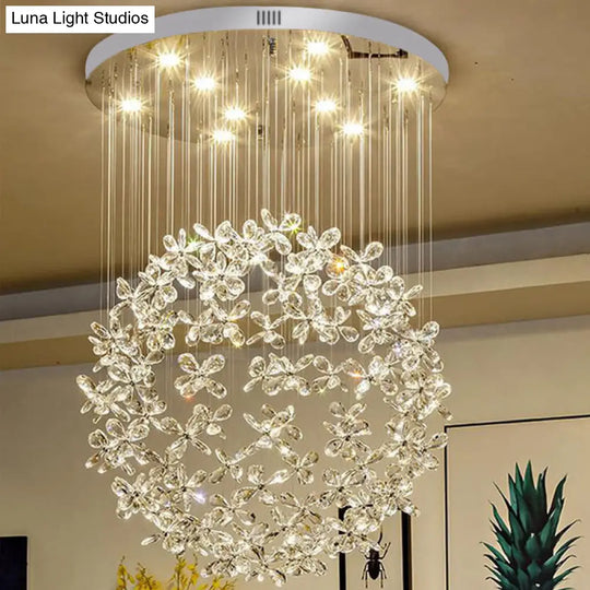 Modern Clear Crystal Sphere Flush Light - 16’/19.5’ W Nickel Ceiling Fixture With 9 Lights