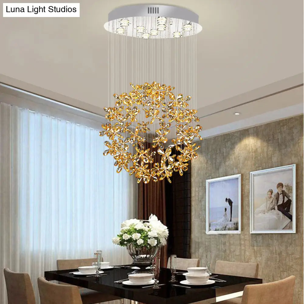 Modern Clear Crystal Sphere Flush Light - 16/19.5 W Nickel Ceiling Fixture With 9 Lights Dining Room