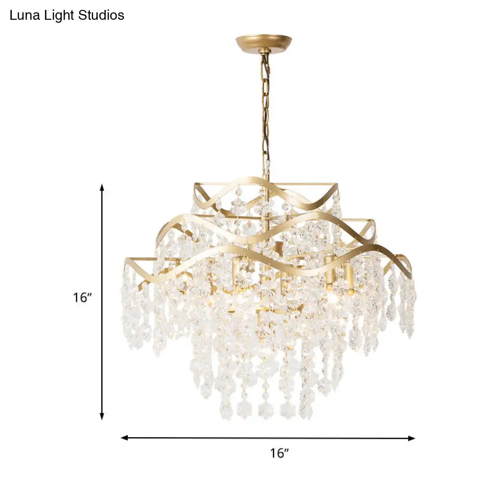 Modern Clear Crystal Ceiling Chandelier With Waterfall Design - 4 Heads Brass Hanging Light Fixture