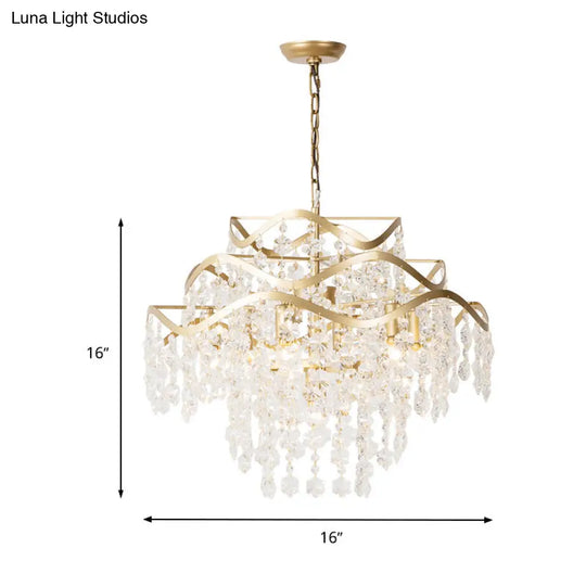 Modern Clear Crystal Ceiling Chandelier With Waterfall Design - 4 Heads Brass Hanging Light Fixture