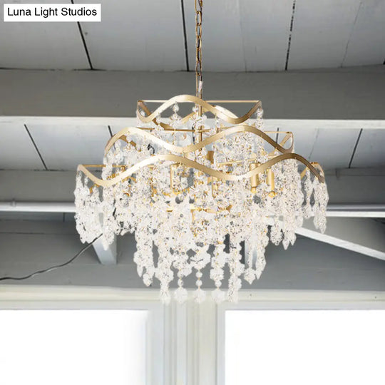 Modern Clear Crystal Ceiling Chandelier With Waterfall Design - 4 Heads Brass Hanging Light Fixture