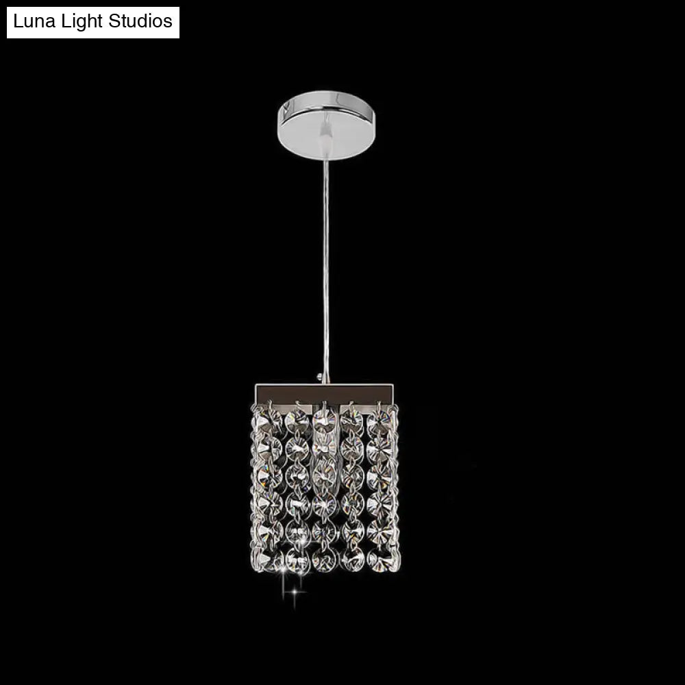 Modern Clear Cut Crystal Cube Suspension Lamp 1-Light Ceiling Hang Fixture - Chrome