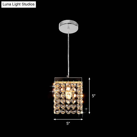 Modern Crystal Cube Suspension Lamp: 1-Light Ceiling Hang Fixture In Chrome