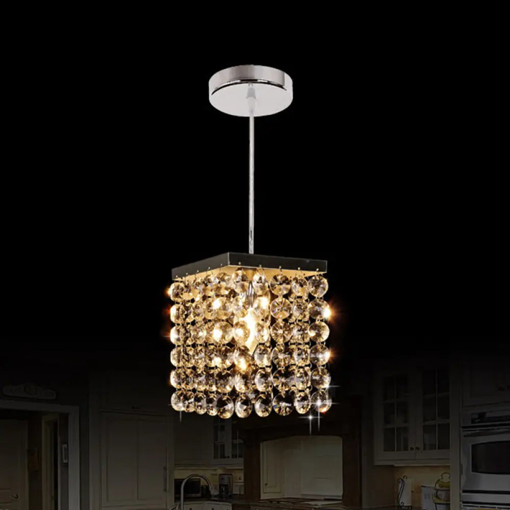 Modern Clear Cut Crystal Cube Suspension Lamp 1-Light Ceiling Hang Fixture - Chrome